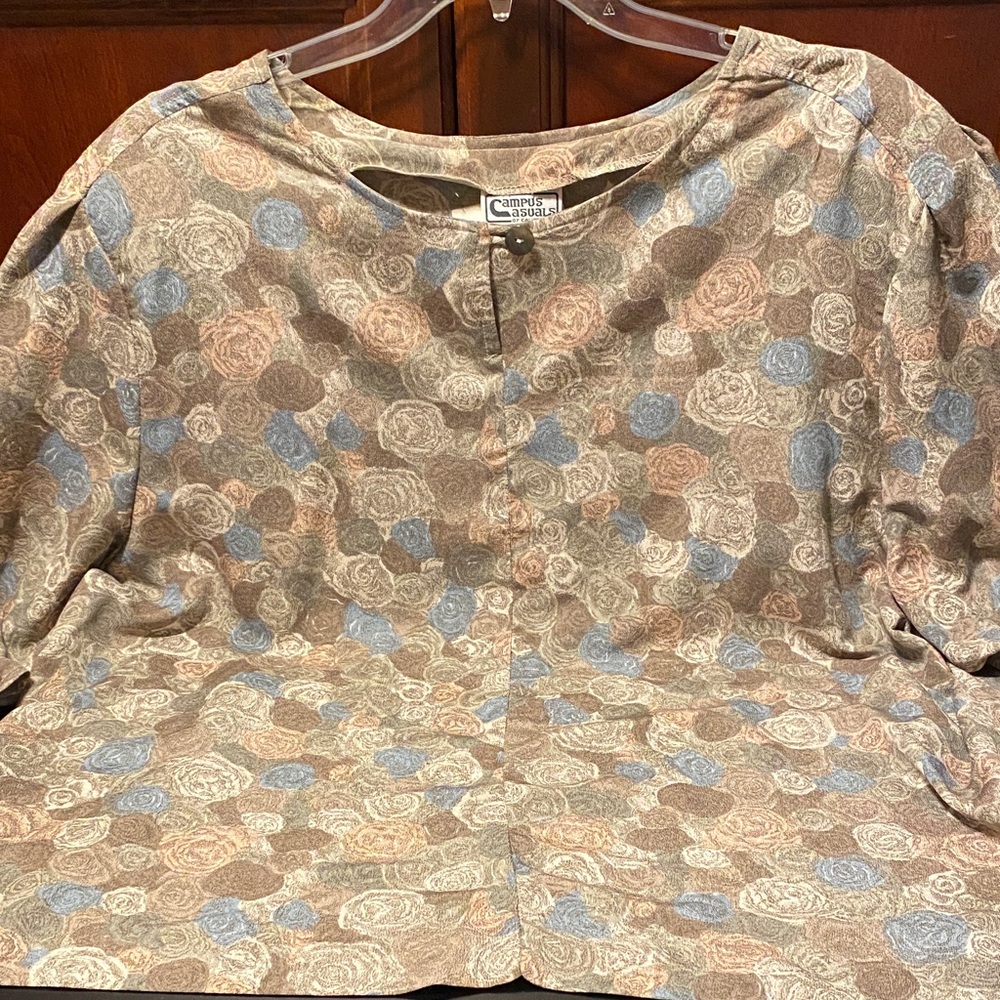 Floral Blouse - Blue and Brown 3/4 sleeve vintage plus size blouse